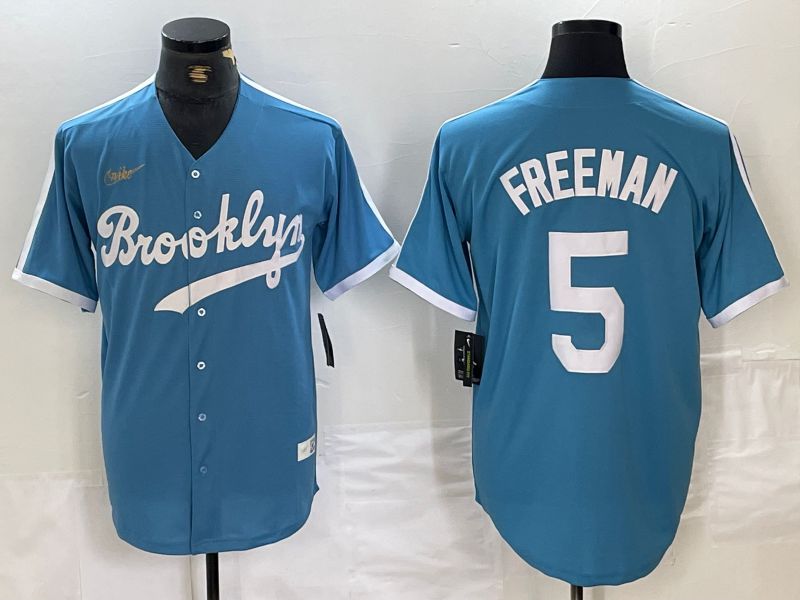Men Los Angeles Dodgers #5 Freeman Light blue Throwback 2024 Nike MLB Jersey style 1->->MLB Jersey